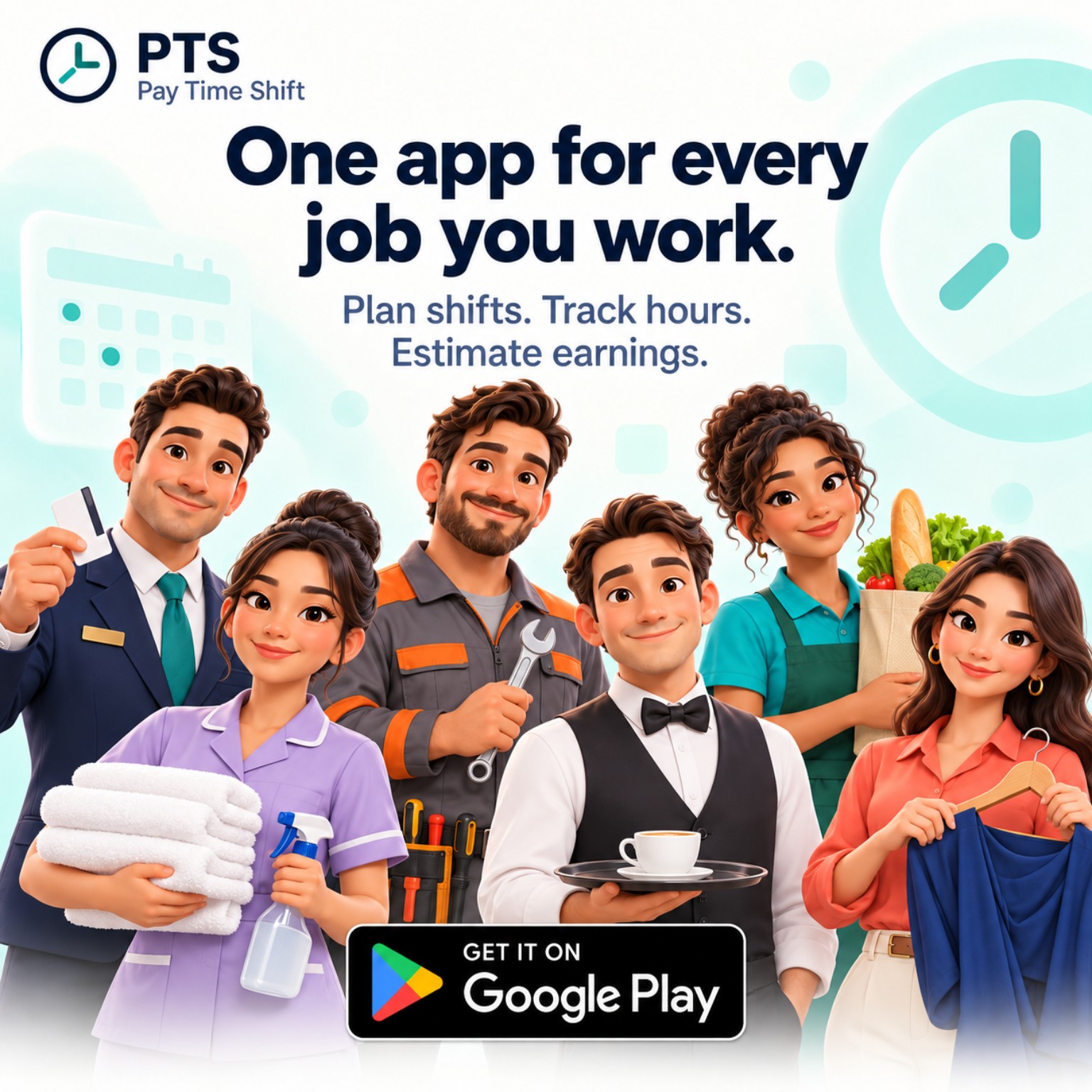 Hotel receptionist, housekeeper, technician, waiter and shop workers