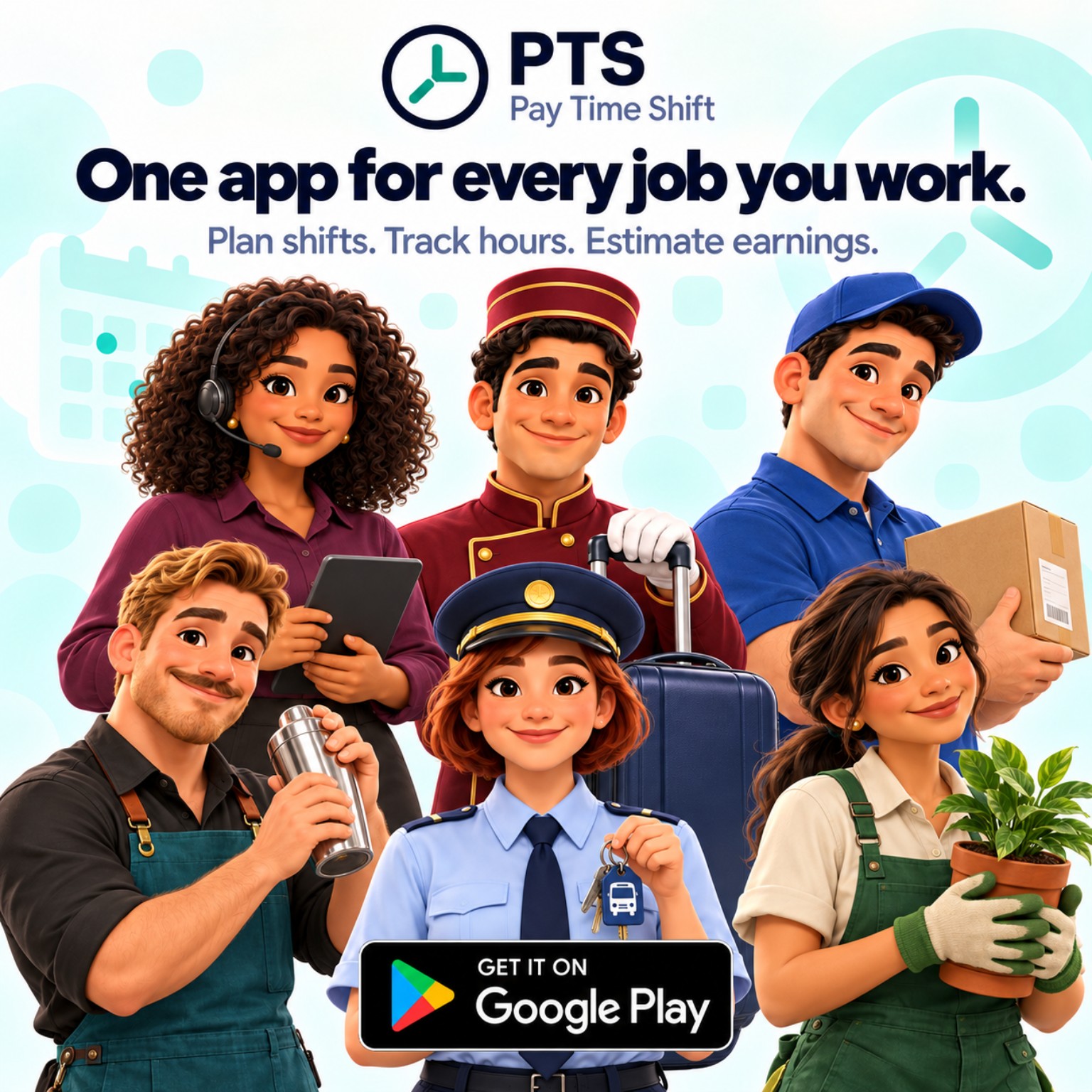 Call center, hotel, delivery, bar, bus and garden workers