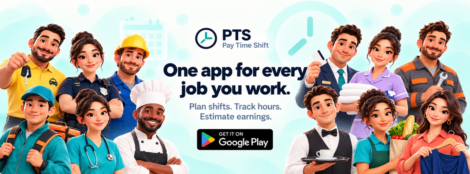 PTS: One app for every job you work. Twelve friendly 3D workers from taxi and delivery to hospitality and healthcare.